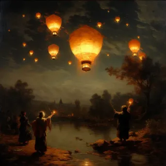 Group releasing lanterns into tranquil night sky - Image 3