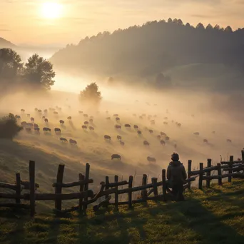 Elderly shepherd sitting on a fence in a misty valley - Image 1