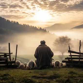 Elderly shepherd sitting on a fence in a misty valley - Image 2