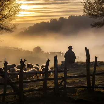 Elderly Shepherd in Misty Valley