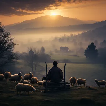 Elderly shepherd sitting on a fence in a misty valley - Image 4