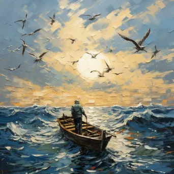 Fisherman navigating boat through rough sea with flock of seagulls - Image 2