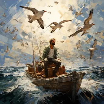 Fisherman navigating boat through rough sea with flock of seagulls - Image 3