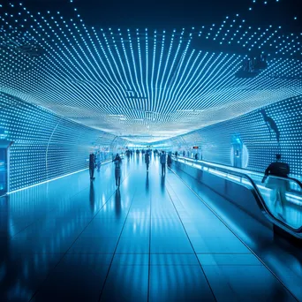 Futuristic transportation hub with digital grids and travelers under blue light, captured with a Canon EOS 90D. - Image 1