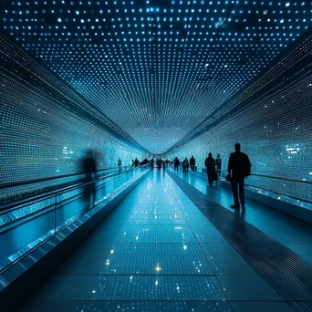 Futuristic transportation hub with digital grids and travelers under blue light, captured with a Canon EOS 90D. - Image 3