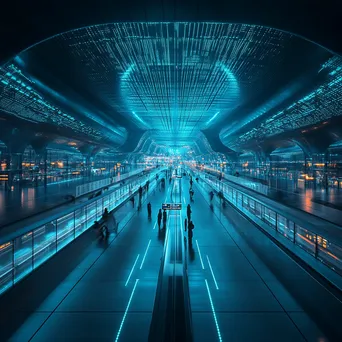 Futuristic transportation hub with digital grids and travelers under blue light, captured with a Canon EOS 90D. - Image 4