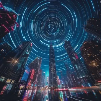 Intricate star trails forming a pattern above a futuristic cityscape with neon lights - Image 1