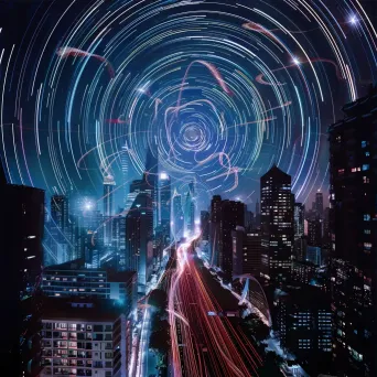 Intricate star trails forming a pattern above a futuristic cityscape with neon lights - Image 3