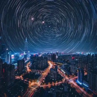 Intricate star trails forming a pattern above a futuristic cityscape with neon lights - Image 4