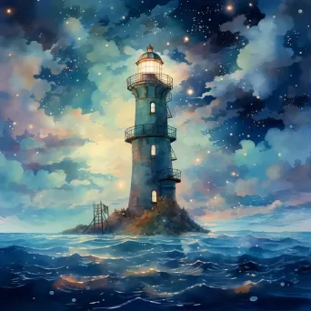 Dreamlike watercolor scene of cloud lighthouse casting beams in starry sky - Image 1