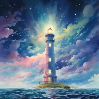 Dreamlike watercolor scene of cloud lighthouse casting beams in starry sky - Image 3