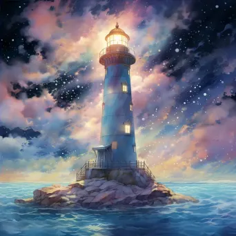 Dreamlike watercolor scene of cloud lighthouse casting beams in starry sky - Image 4