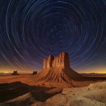 Star trails over unique rock formations in a desert landscape at night. - Image 2