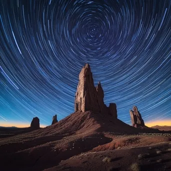 Star trails over unique rock formations in a desert landscape at night. - Image 4