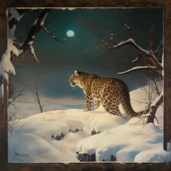 Majestic Amur leopard in snowy landscape under moonlight - Image 1