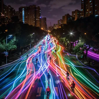 Vibrant light trails from bicycles racing through a city at night. - Image 3