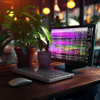 Close-up of a computer with colorful code on the screen and coffee in foreground. - Image 1