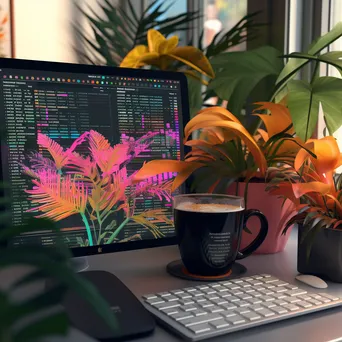 Close-up of a computer with colorful code on the screen and coffee in foreground. - Image 2