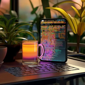 Close-up of a computer with colorful code on the screen and coffee in foreground. - Image 3