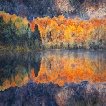 Impressionist style artwork of an autumnal forest reflected in a mountain lake at sunset - Image 2