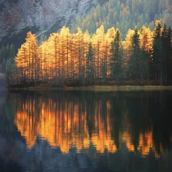 Impressionist style artwork of an autumnal forest reflected in a mountain lake at sunset - Image 3