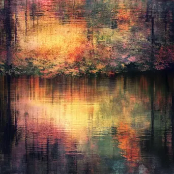 Impressionist style artwork of an autumnal forest reflected in a mountain lake at sunset - Image 4