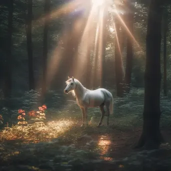 Mystical unicorn in magical forest clearing with soft sun rays - Image 1