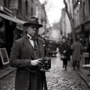 Vintage portrait of a 1920s gentleman with a vintage camera on a cobblestone street - Image 1