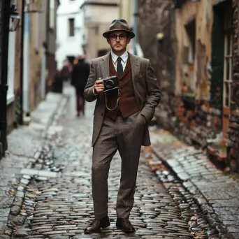 Vintage portrait of a 1920s gentleman with a vintage camera on a cobblestone street - Image 2