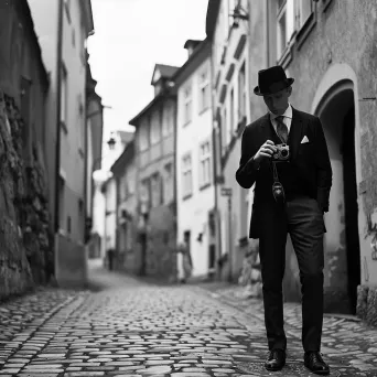 Vintage portrait of a 1920s gentleman with a vintage camera on a cobblestone street - Image 4