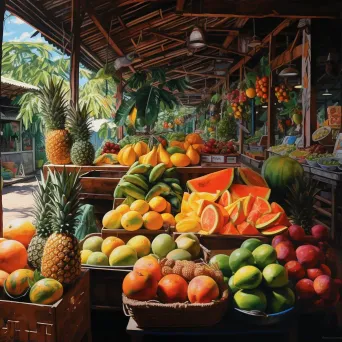 Vibrant acrylic painting of a tropical fruit market in Brazil - Image 1