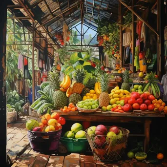 Vibrant acrylic painting of a tropical fruit market in Brazil - Image 2