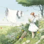 Woman hanging clothes in a flowery meadow - Image 1