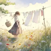 Woman hanging clothes in a flowery meadow - Image 3