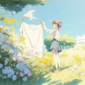 Woman hanging clothes in a flowery meadow - Image 4