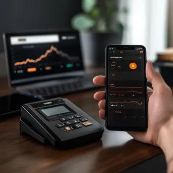 Smartphone displaying cryptocurrency portfolio and payment terminal - Image 2