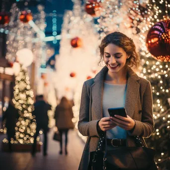 A cheerful person holding holiday shopping bags in front of lights. - Image 3