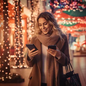 A cheerful person holding holiday shopping bags in front of lights. - Image 4