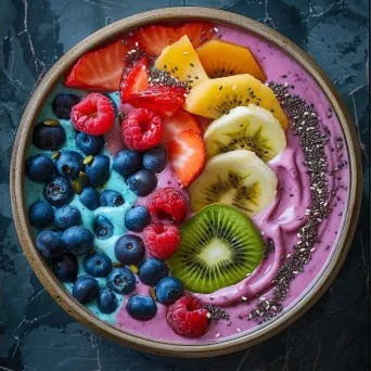 Colorful smoothie bowl with chia seeds and swirl design, shot on Fujifilm X-T4 - Image 2