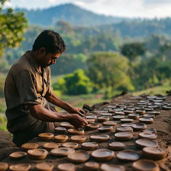 Artisan applying final touches to drying clay pottery outdoors - Image 1