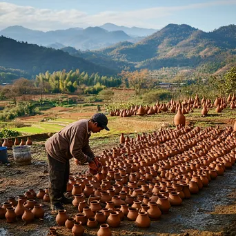 Artisan applying final touches to drying clay pottery outdoors - Image 2