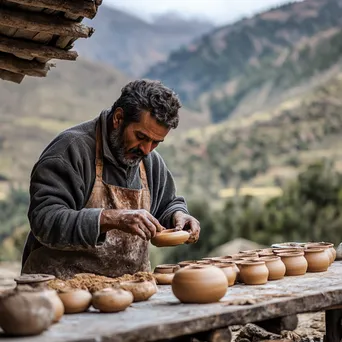 Artisan applying final touches to drying clay pottery outdoors - Image 3