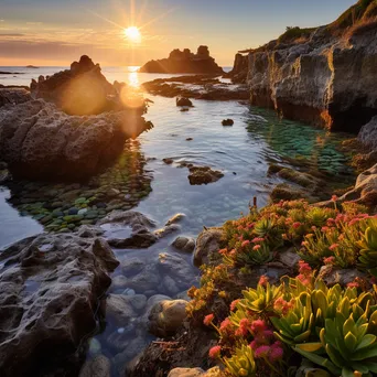 Golden hour coastal rock pools surrounded by wildflowers - Image 3