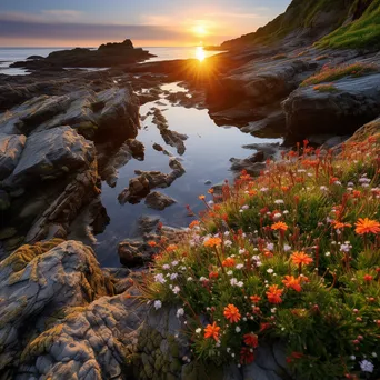 Golden hour coastal rock pools surrounded by wildflowers - Image 4