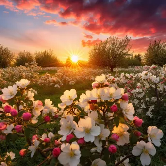 Blossoming apple trees in an orchard during golden hour - Image 1