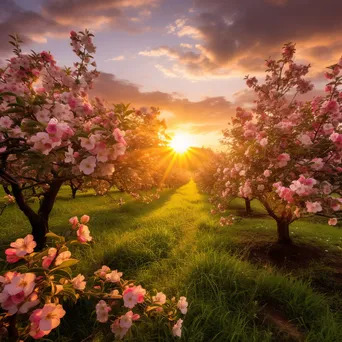 Blossoming apple trees in an orchard during golden hour - Image 2