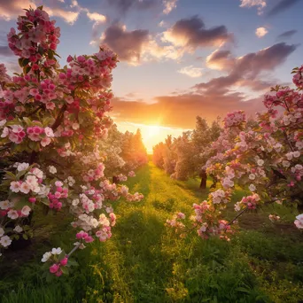 Blossoming apple trees in an orchard during golden hour - Image 4