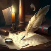 Image of a magical quill writing a prophecy on a parchment with mystical events in the background - Image 1