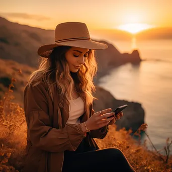 Influencer creating a social media story at sunset by the coast - Image 1