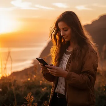 Influencer creating a social media story at sunset by the coast - Image 4